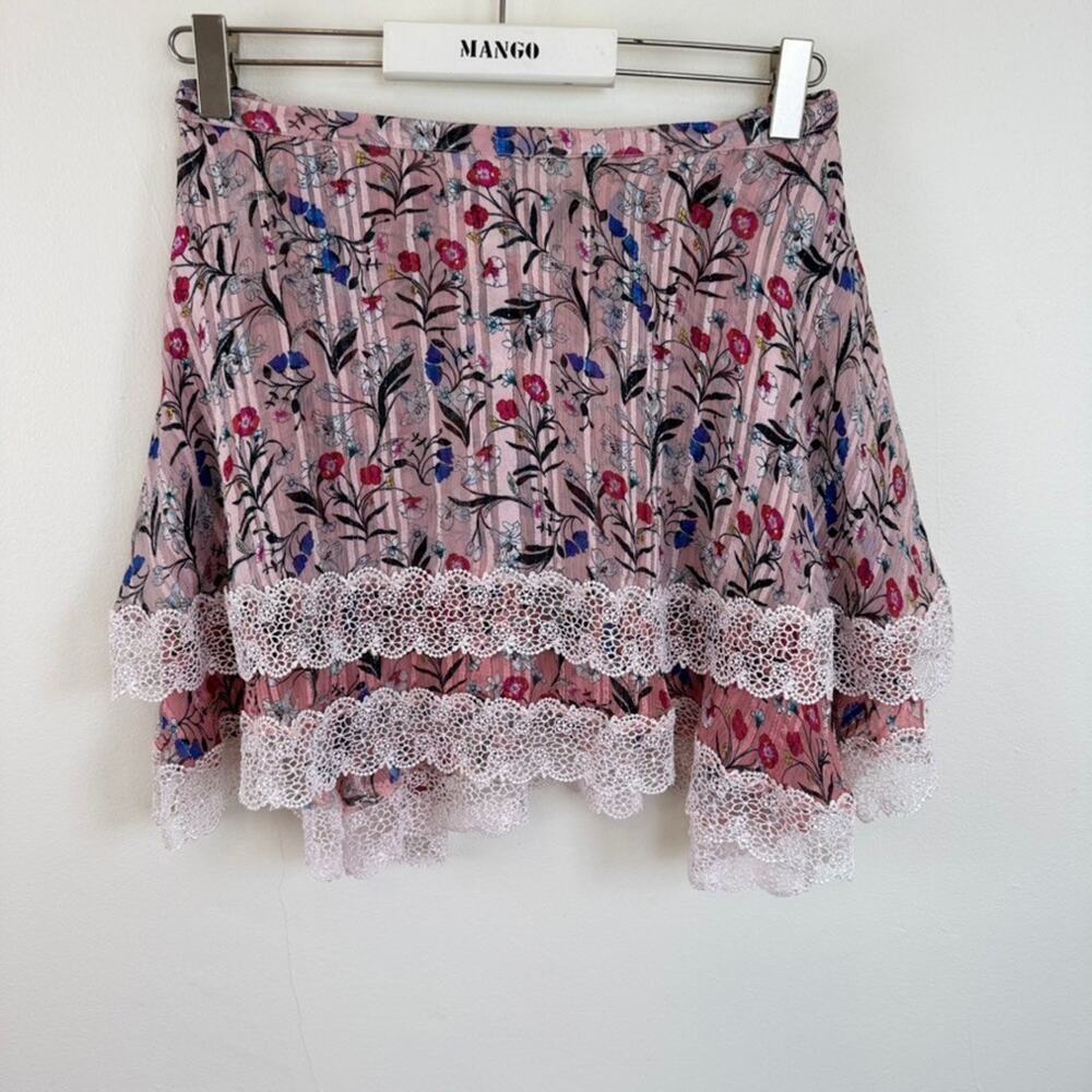 Anthropologie Fairy Mini Skirt M Pink Floral Tiered Ruffle Lace Cottage Coquette